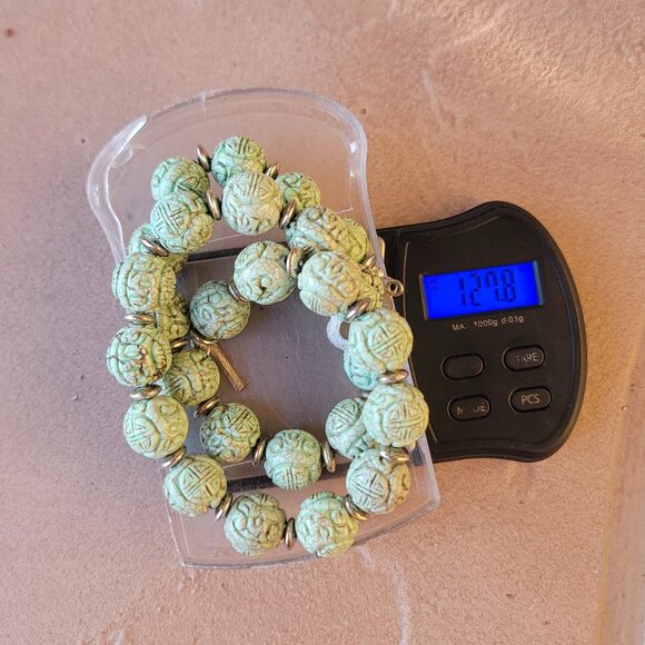 Absolutely stunning RARE Chinese natural green turquoise carved shou beads sterl - Picture 10 of 16